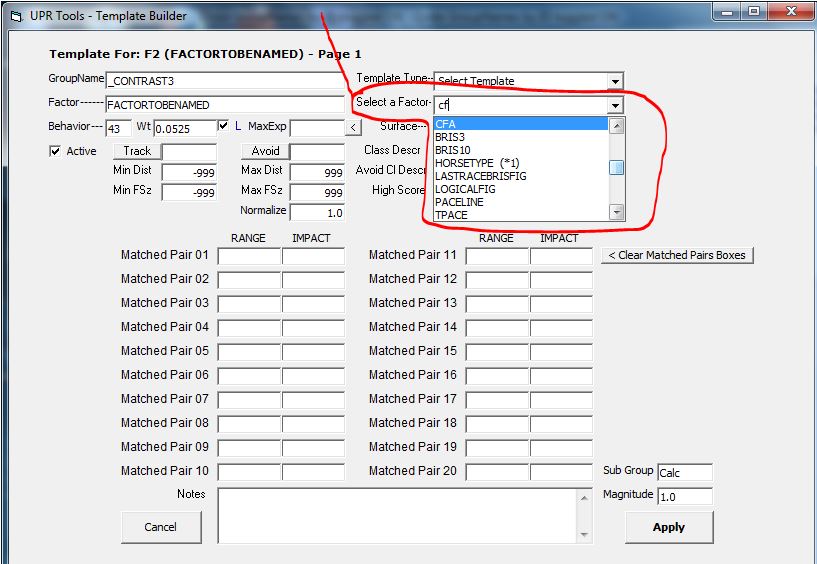 Selecting a Factor Name in the Template Builder in JCapper UPR Tools