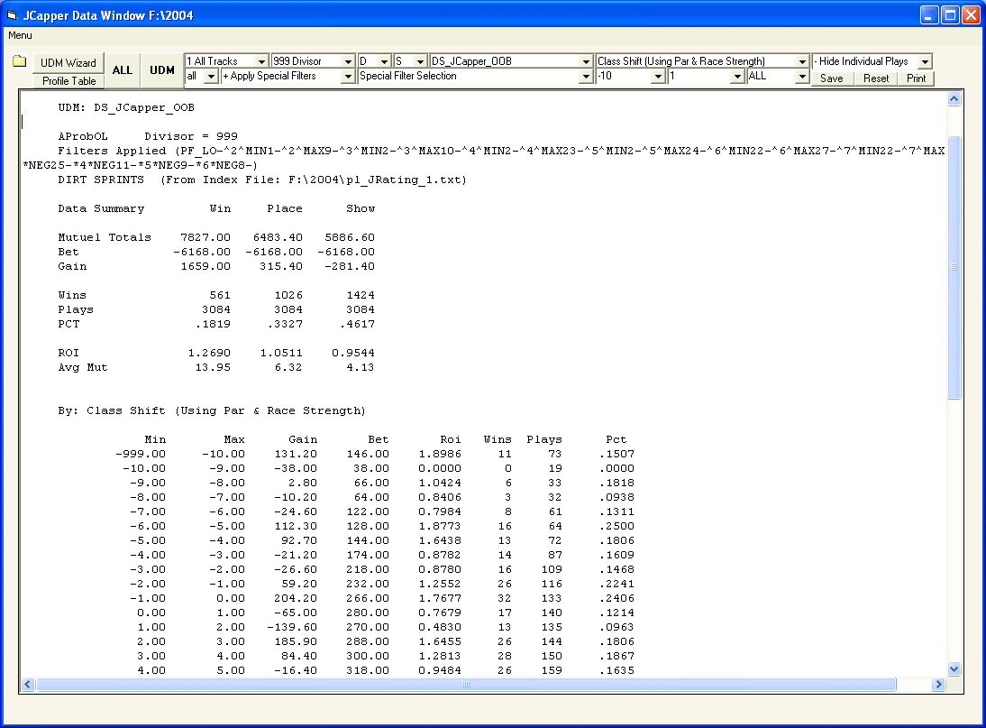 The JCapper Data Window shown in 1280 X 1024 Screen Resolution